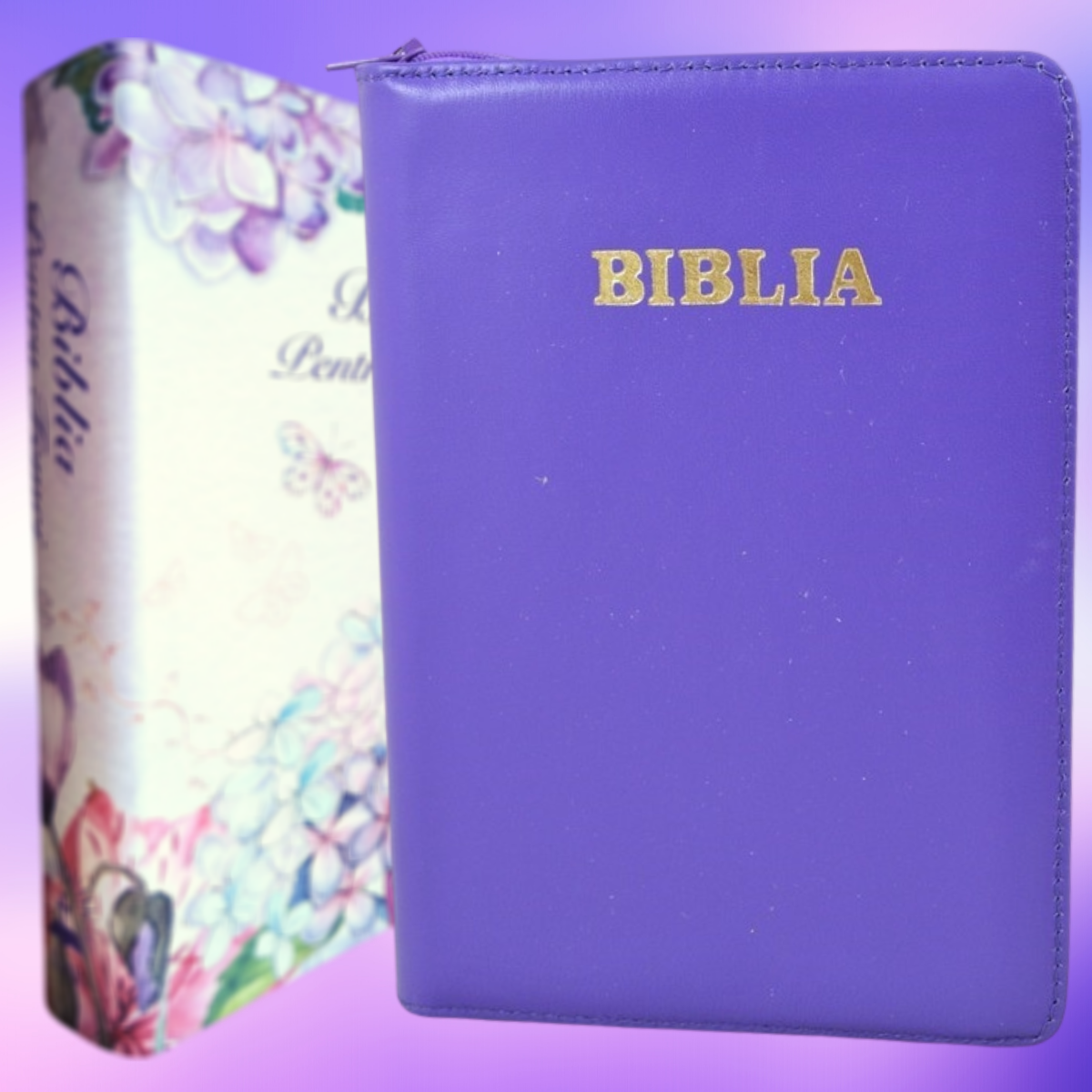 Biblia de studiu pentru femei, in piele, mov, marime medie, fermoar, margini argintii, cuv. lui Isus cu rosu