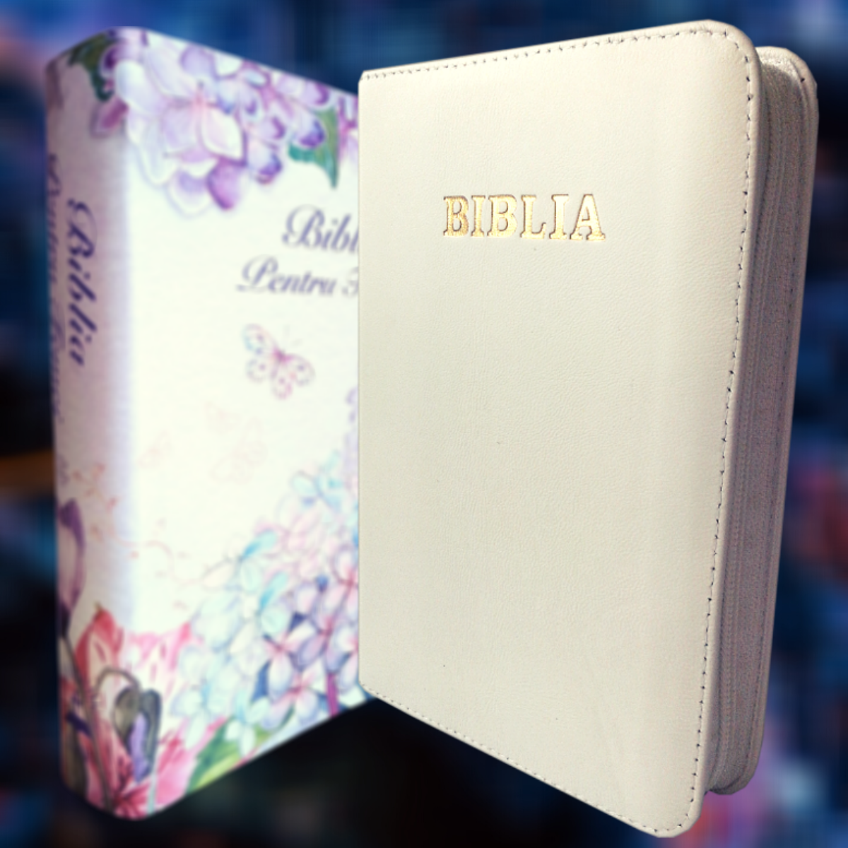 Biblia de studiu pentru femei, in piele, alba, marime medie, fermoar, margini argintii, cuv. lui Isus cu rosu