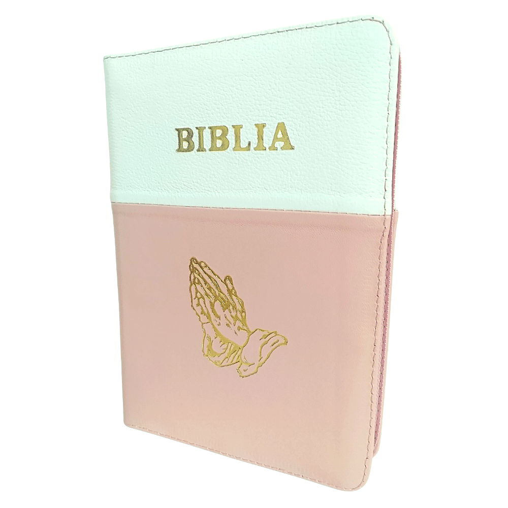 Biblia piele, marime medie, alb-roz pal, fermoar, simbol maini, cuv. lui Isus cu rosu [053]