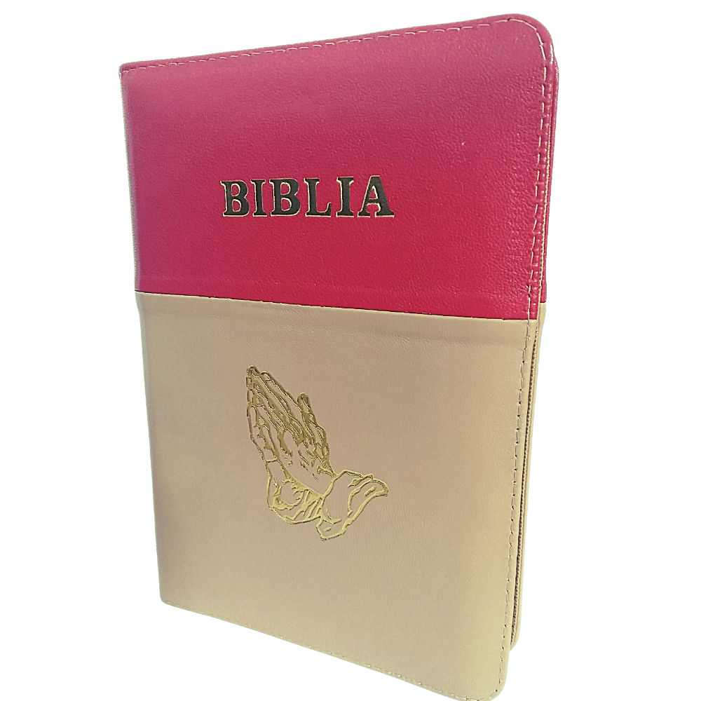 Biblia din piele, marime medie, rosu - bej, margini albe,simbol maini, cuv. lui Isus cu rosu [053]