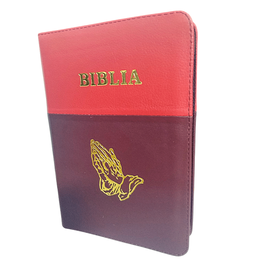 Biblia din piele, marime medie, rosu - visiniu, margini albe,simbol maini, cuv. lui Isus cu rosu [053]