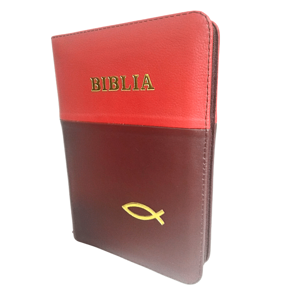 Biblia din piele, marime medie, rosu - visiniu, margini albe,simbol peste, cuv. lui Isus cu rosu [053]