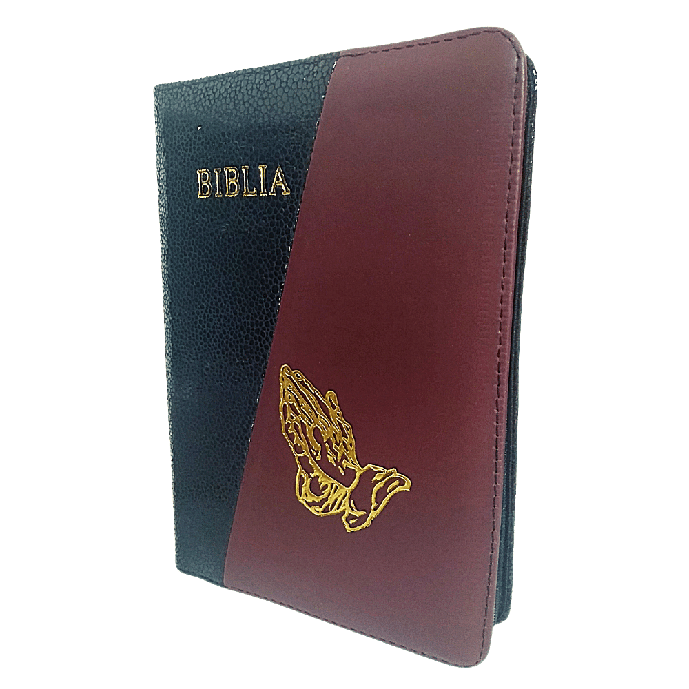 Biblia din piele, marime medie, negru texturat/visiniu fermoar, margini albe,simbol maini, cuv. lui Isus cu rosu [053]