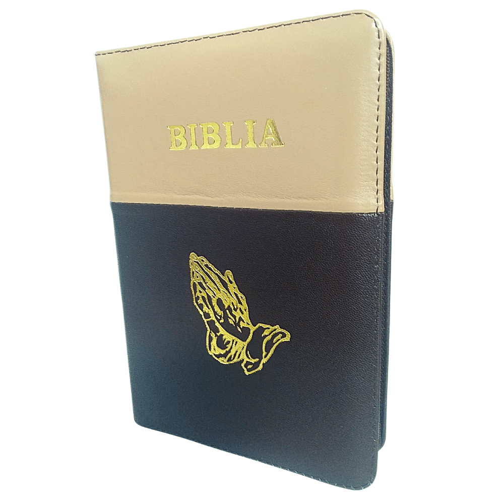 Biblia piele, marime medie, maro deschis-maro inchis, fermoar, simbol maini, cuv. lui Isus cu rosu [053]