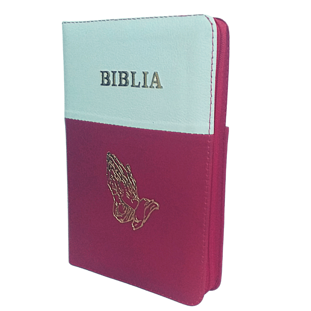 Biblia piele, marime medie, alb-visiniu, fermoar, simbol maini, cuv. lui Isus cu rosu [053]