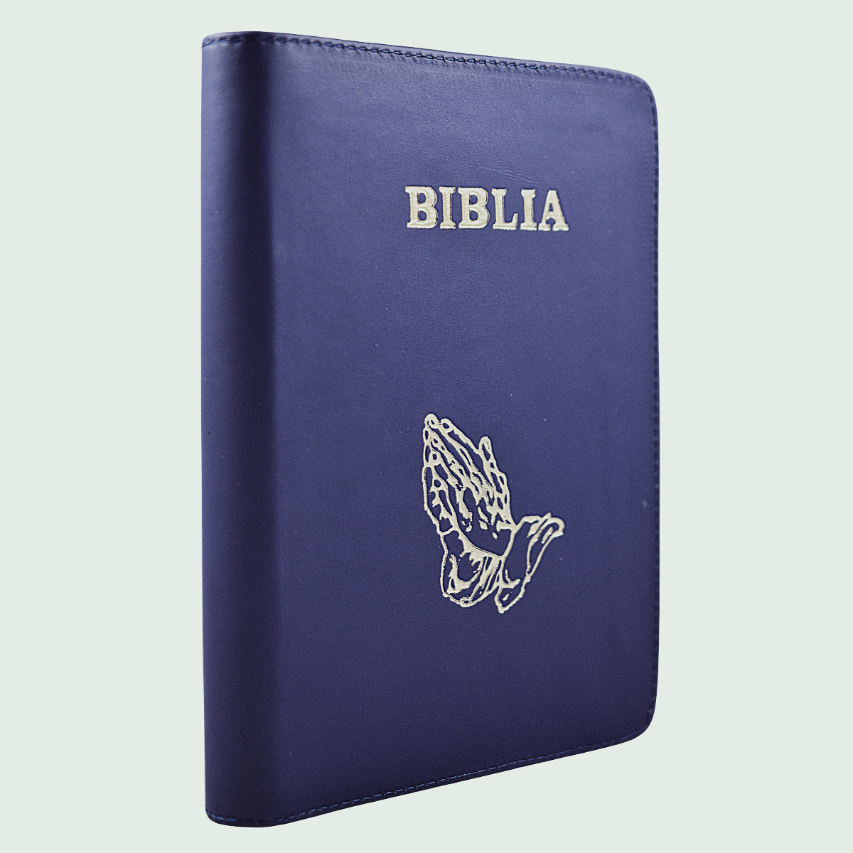 Biblie mare, piele, culoare albastru, fermoar, index, margini argintii, simbol maini, cuv. Isus cu rosu [SI 073 PFI]