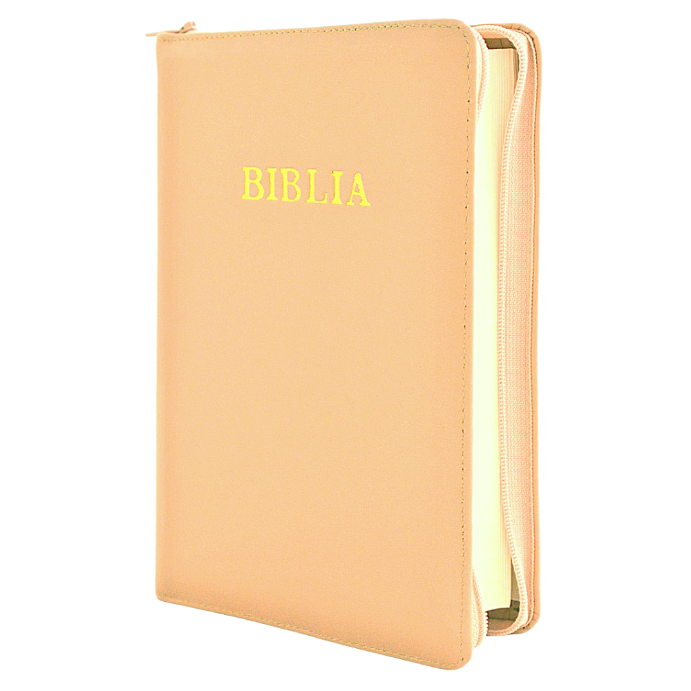 Biblia din piele, marime medie, roz pudra, fermoar, cuv. lui Isus cu rosu [053]