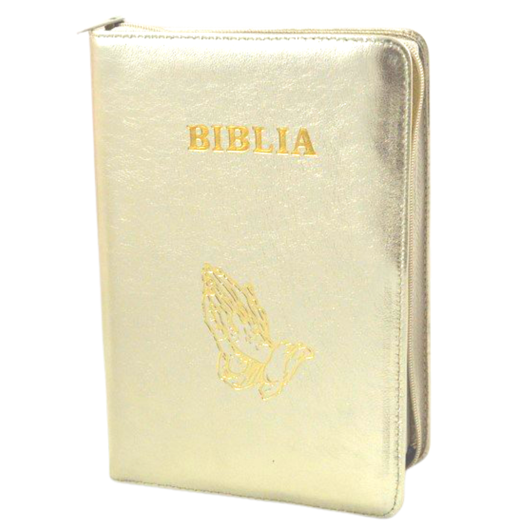 Biblie din piele, marime medie, culoare bej sidef, fermoar, maini in rugaciune, margini albe,cuv. lui Isus cu rosu [053]