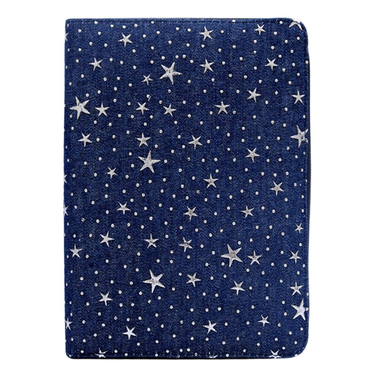 Biblie marime medie, material textil jeans, bleumarin, fermoar, index, margini argintii cu stelute, hărți biblice [055 JZB TI]