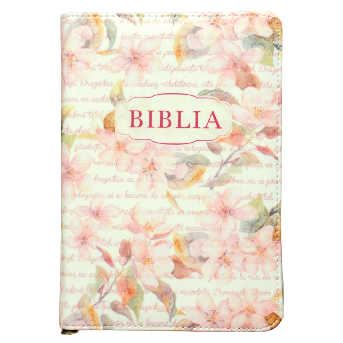 Biblie marime medie, piele ecologică, model roz floral, fermoar, index, margini aurii, hărți, cuv. lui Isus cu rosu [055 ZTI F]