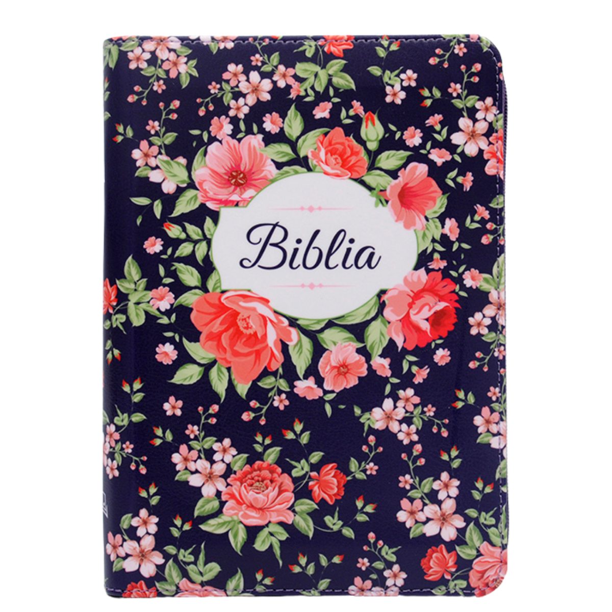 Biblie marime medie, piele ecologică, model mov inchis floral, fermoar, index, margini argintii, hărți, cuv. lui Isus cu roșu [055 ZTI F]