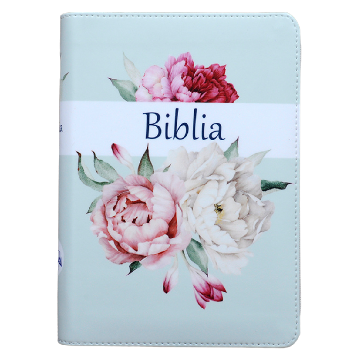 Biblie marime medie, piele ecologică, model turcoaz floral, fermoar, index, margini aurii, hărți, cuv. lui Isus cu roșu [055 ZTI F]