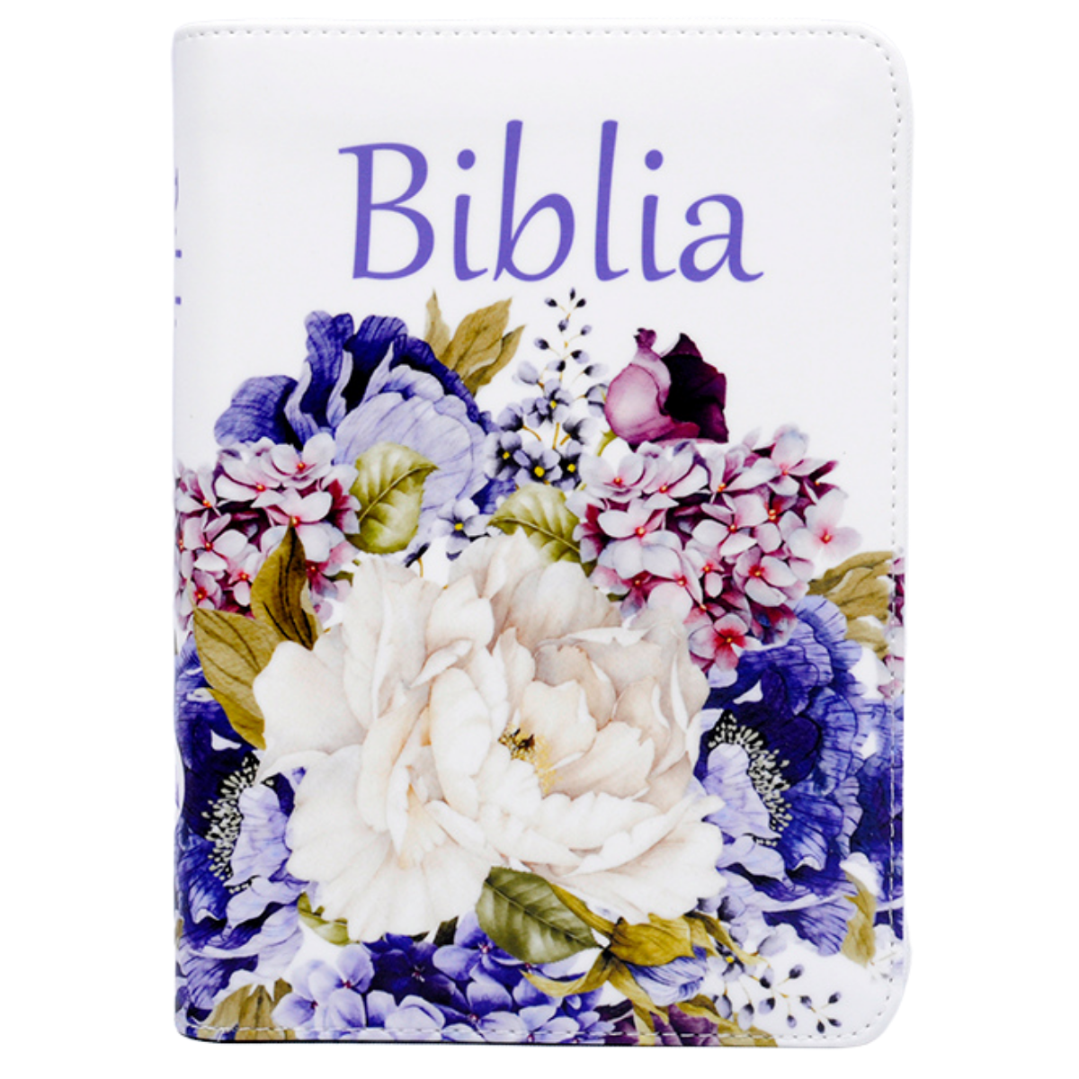 Biblie marime medie, piele ecologică, model alb floral, fermoar, index, margini argintii, hărți, cuv. lui Isus cu roșu [055 ZTI F]