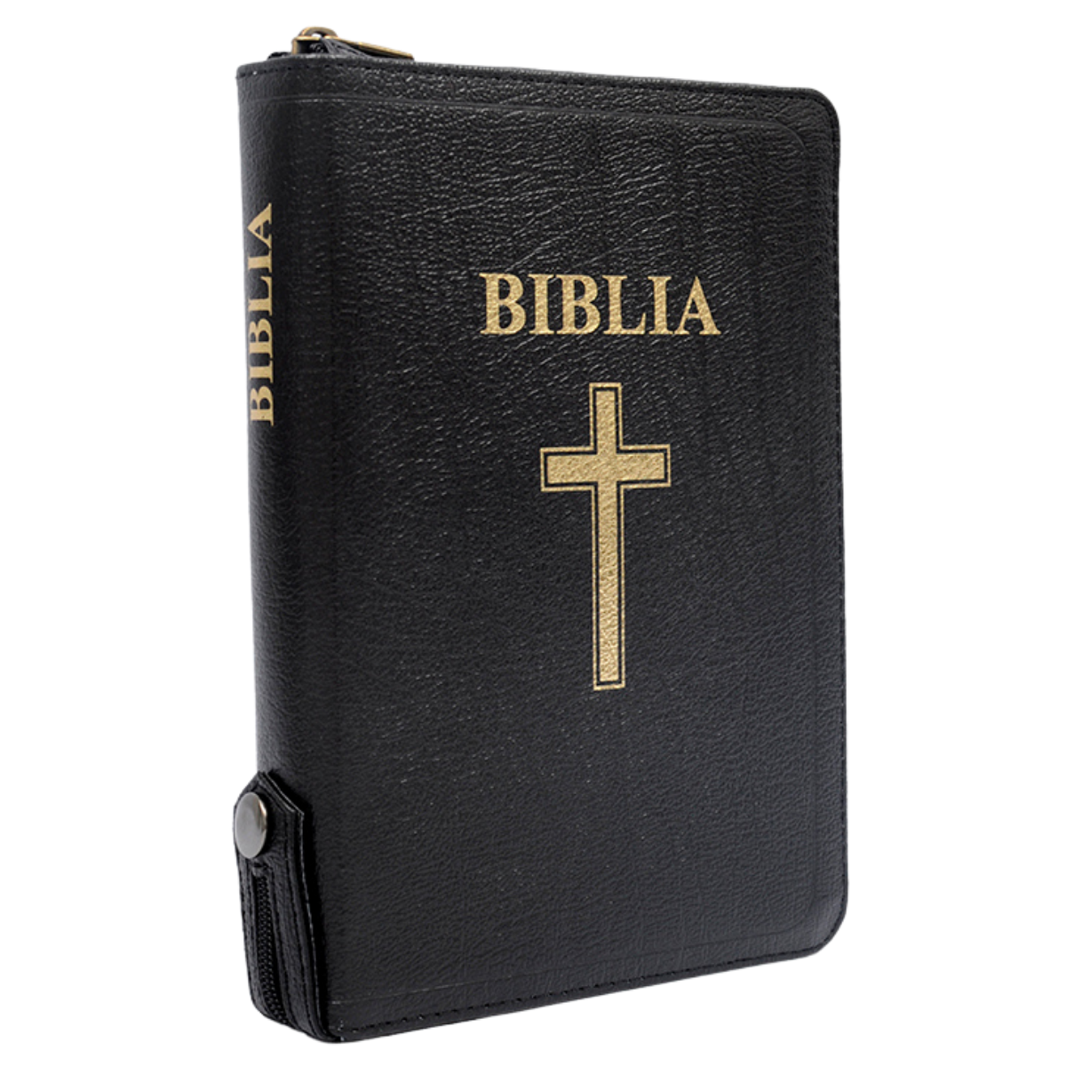 Biblia din piele, marime medie, neagră, fermoar cu capsă, index, margini aurii, hărți biblice, cuv. lui Isus în roșu [057 ZTI FIB]