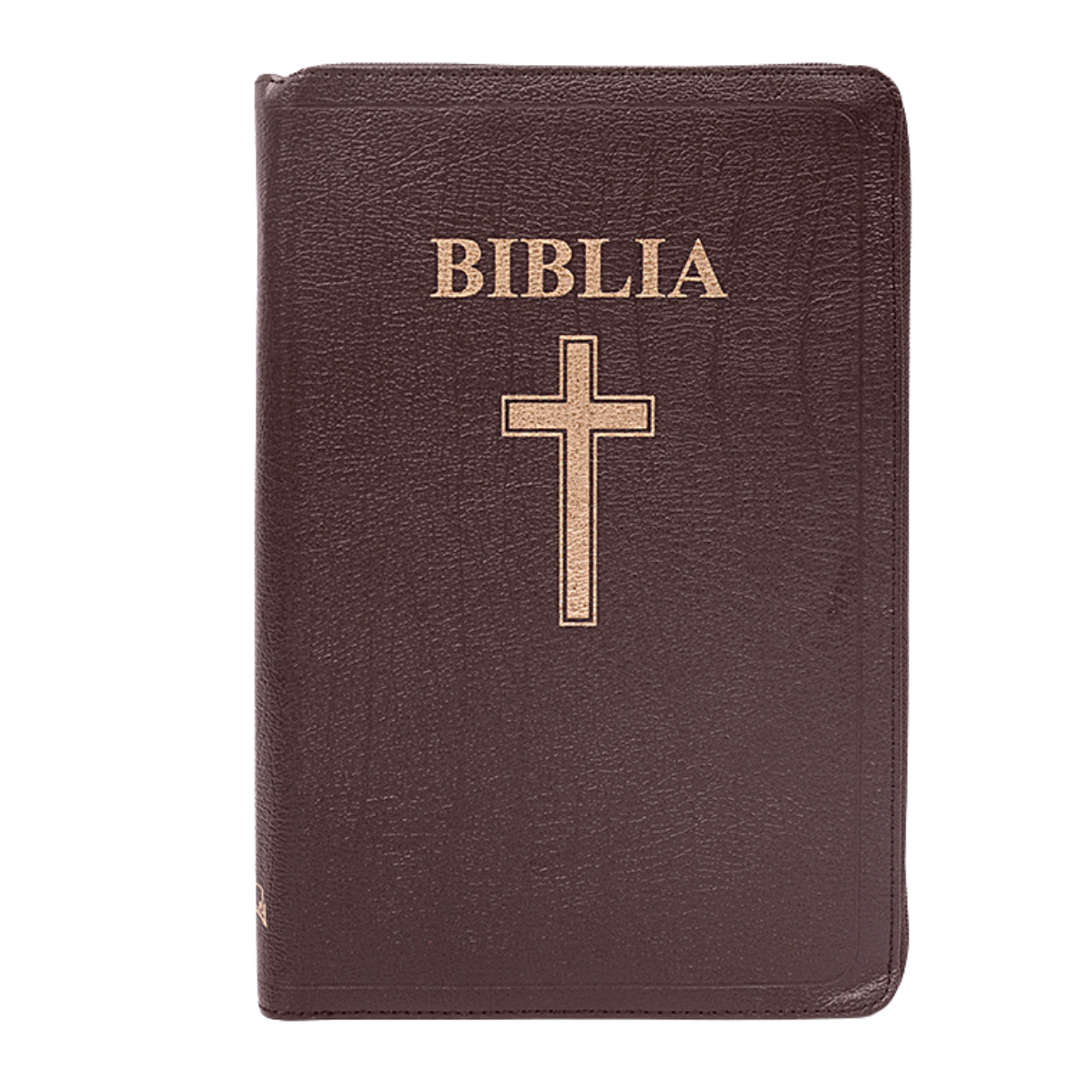 Biblia mărime mare, piele, maro, margini aurii, index, fermoar, hărți biblice, simbol cruce, cuv. lui Isus cu roșu [077 ZTI]