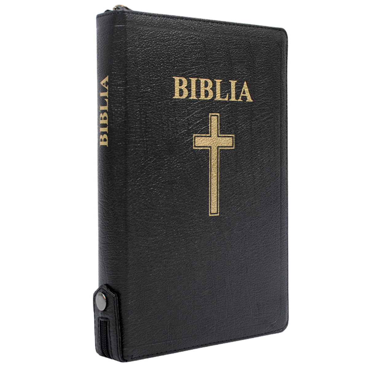 Biblia mărime mare, piele, neagră, margini aurii, index, fermoar cu capsă, hărți biblice, simbol cruce, cuv. lui Isus cu roșu [077 ZTI FIB]