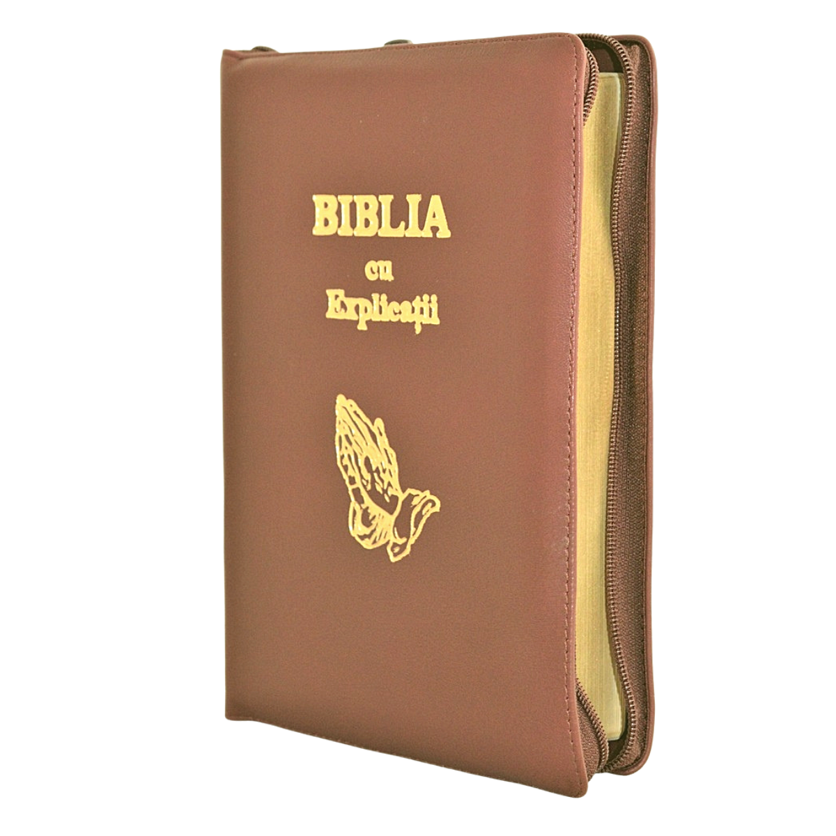 Biblia cu explicatii + concordanta biblica, piele naturala, maro, fermoar, fara index, aurita, cuv. lui Isus cu rosu, simbol maini [CO 77 PF]