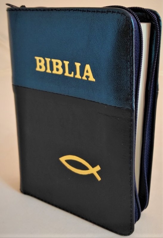 Biblie din piele, mica, bluemarin sidef / bluemarin, fermoar, margini albe,simbol peste, cuv. lui Isus in rosu [043 PF]