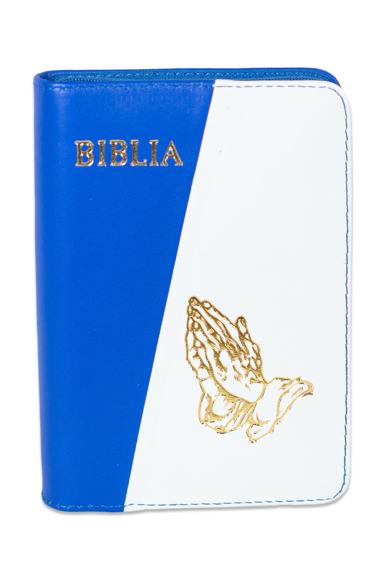 Biblia format mic, din piele, culoare albastru cu alb, dex, fermoar, margini argintii, simbolul cu maini in rugaciune ,v. lui Isus in rosu [047 PFI]