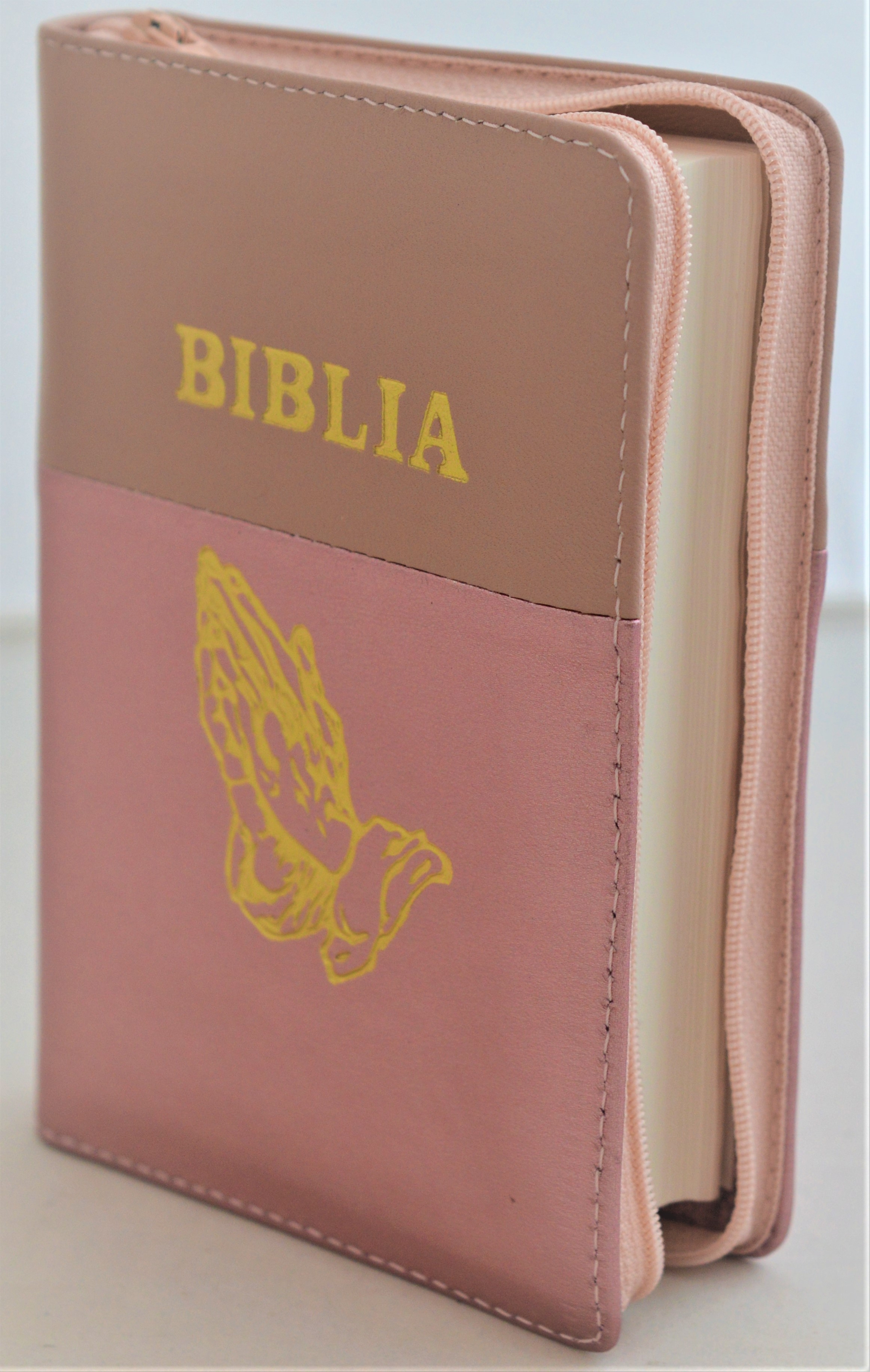 Biblie din piele, mica,ocru / roz sidef, fermoar, margini albe,simbol maini in ruga, cuv. lui Isus in rosu [043 PF]