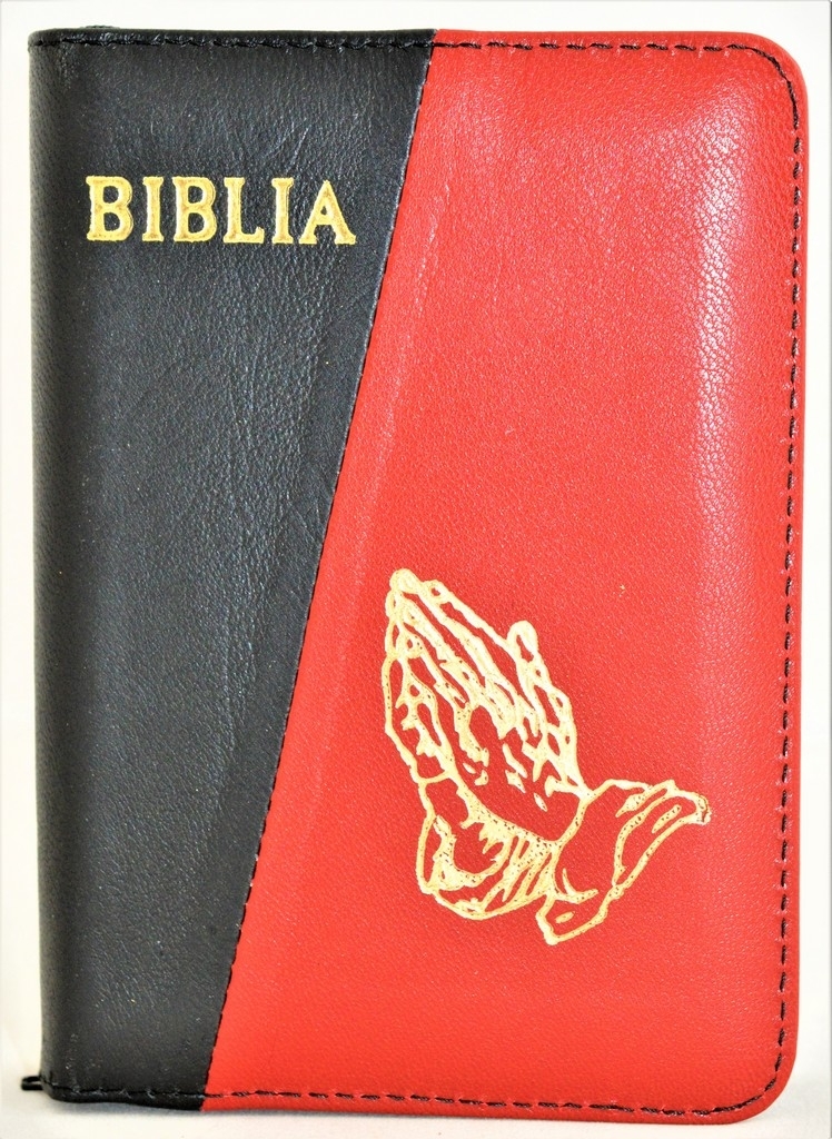 Biblie din piele, marime medie, culoare nuanta negru,rosu simbol maini in rugaciune, fermoar, index, margini aurii, cuv. lui Isus cu rosu [SB 057 PFI]