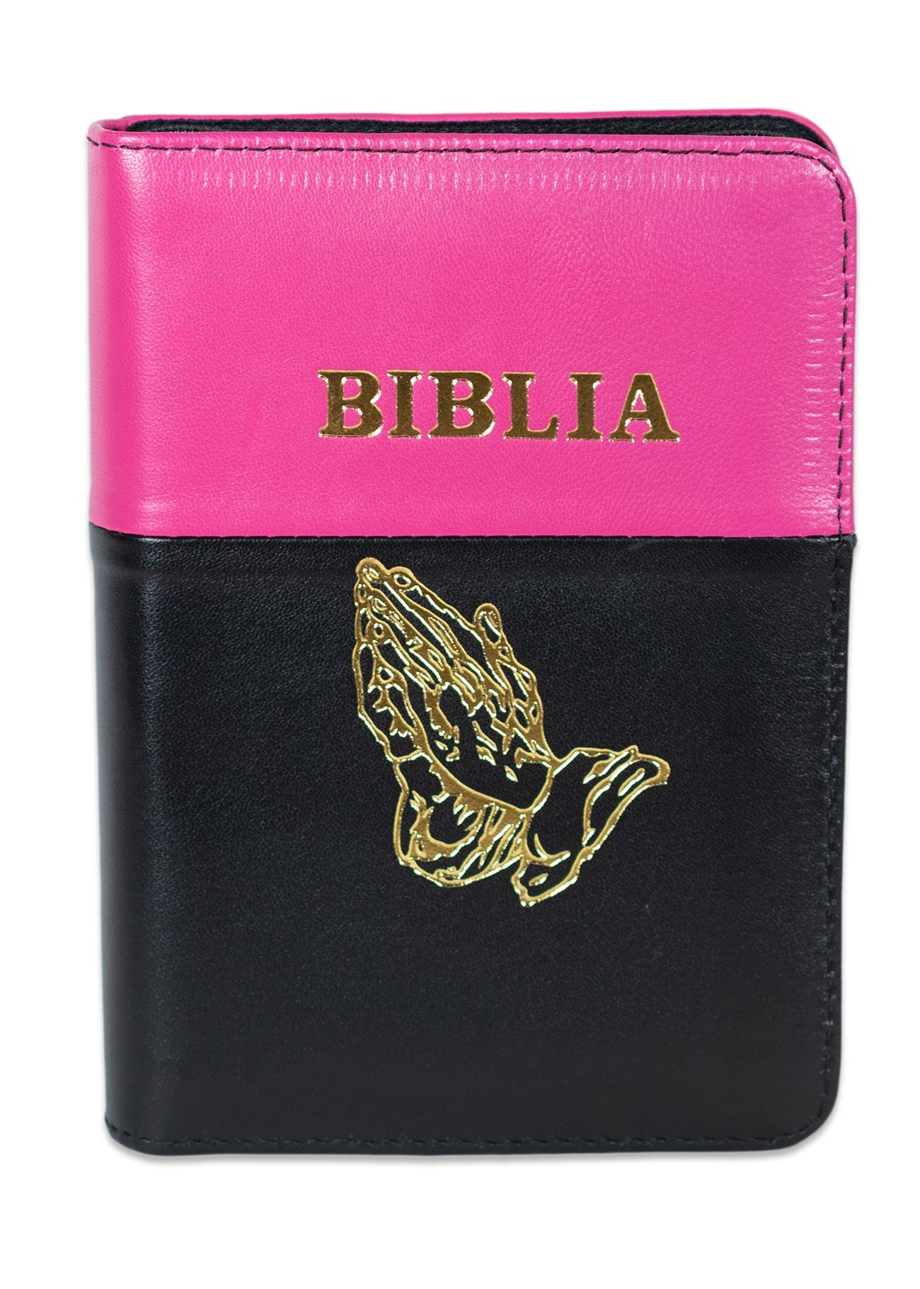 Biblia format mic, din piele, culoare magenta fucsia cu negru,index, fermoar, margini argintii, simbolul maini in ruga, cuv. lui Isus in rosu [047 PFI]