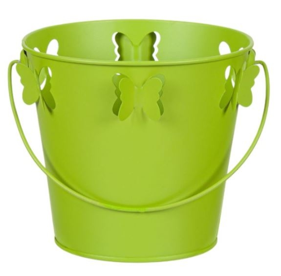 Masca pentru ghiveci, de metal, verde, in forma de galeata - Fluturi 3D (16x14.5cm)