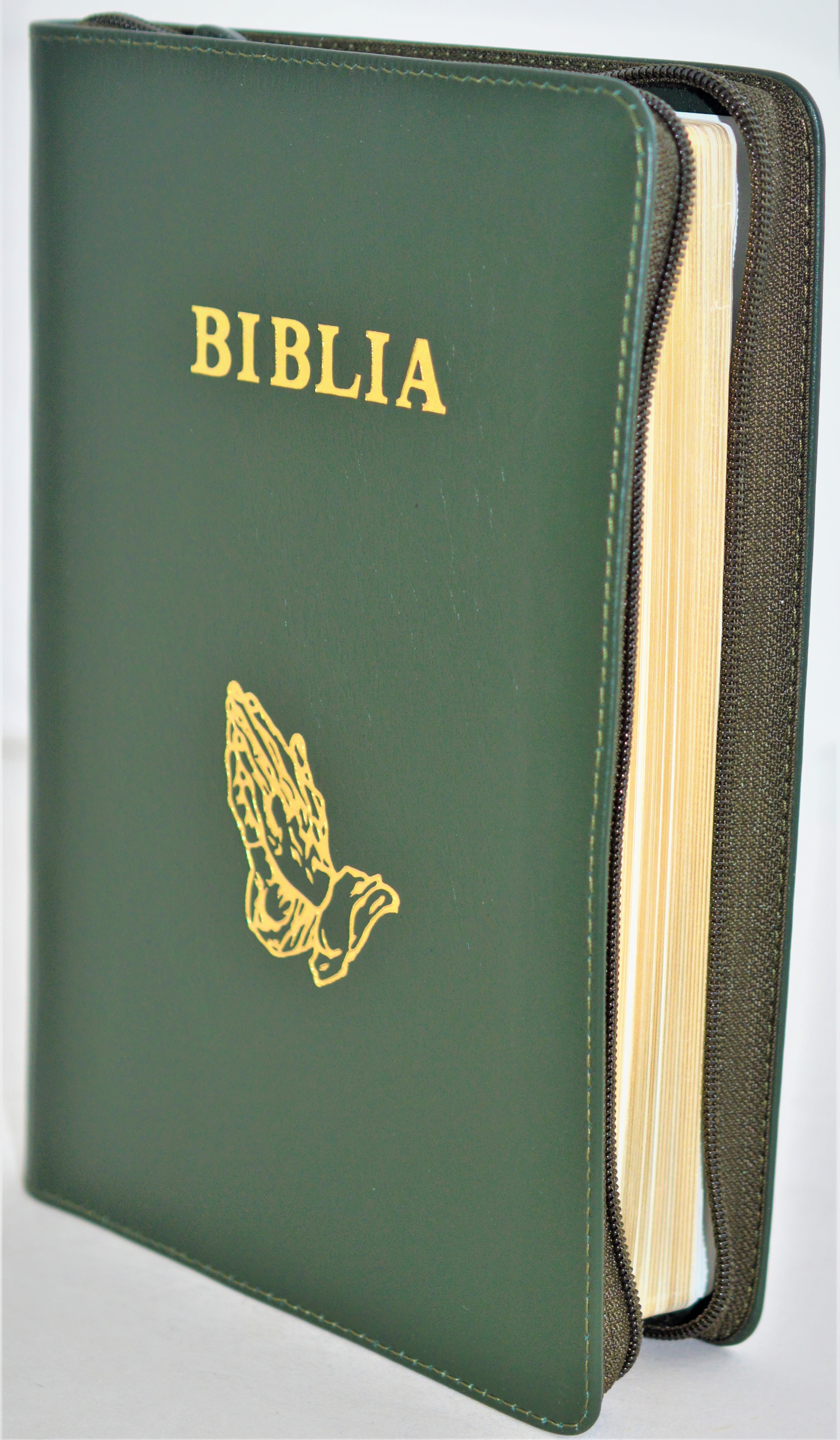 Biblia mare, din piele, culoare,verde inchis, fermoar, margini aurii, simbol - maini in ruga, cuv. lui Isus in rosu [ SB 073 PFR]