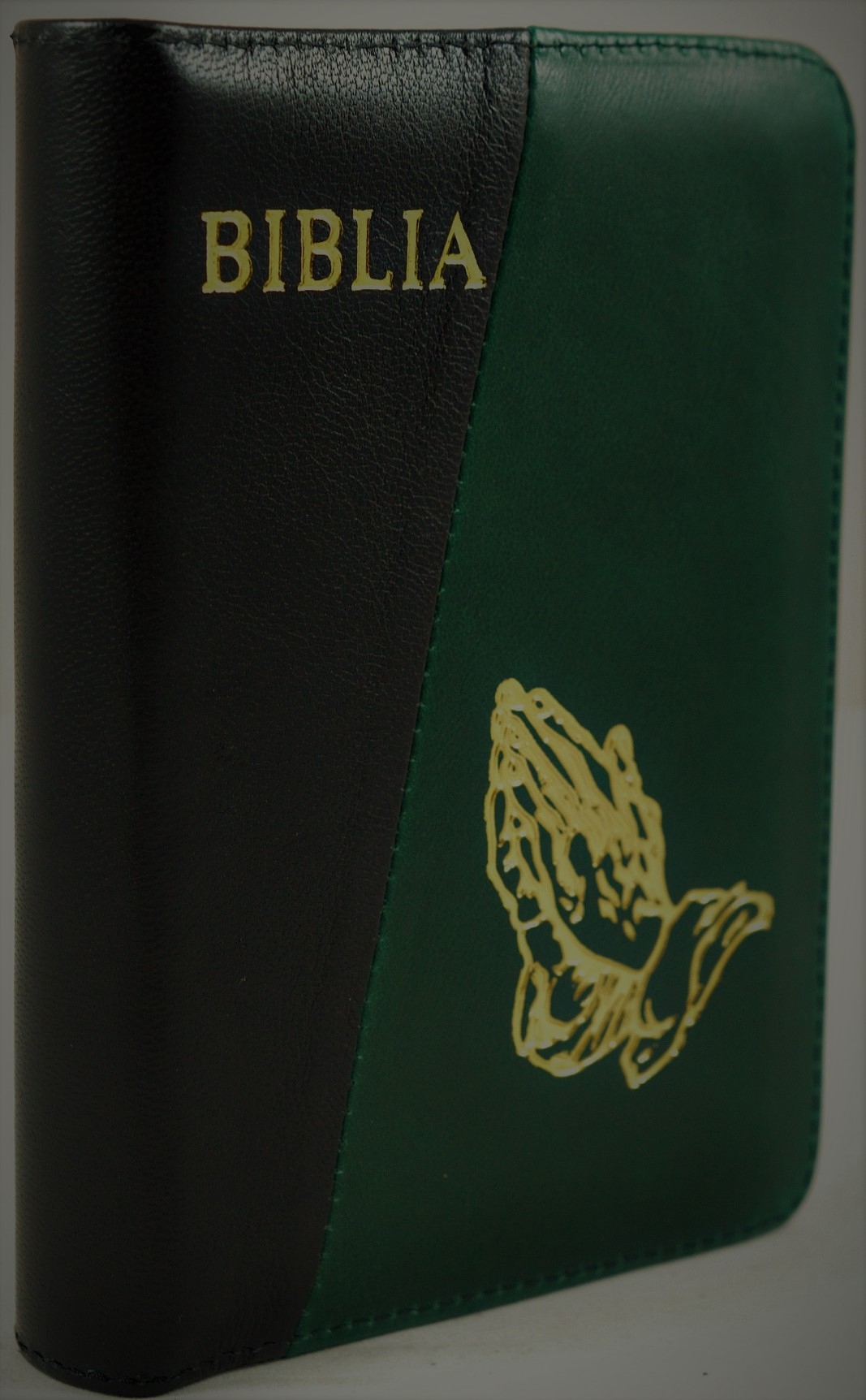 Biblie marime mica, piele,verde inchis, index, fermoar, margini aurii, cuv. lui Isus in rosu,simbol maini in rugaciune [047 PFI]