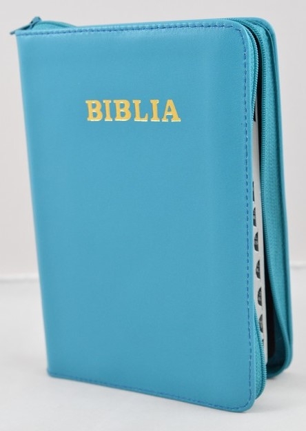 Biblie din piele, marime medie, culoare verde turcoaz, fermoar, margini albe,cuv. lui Isus cu rosu [053]
