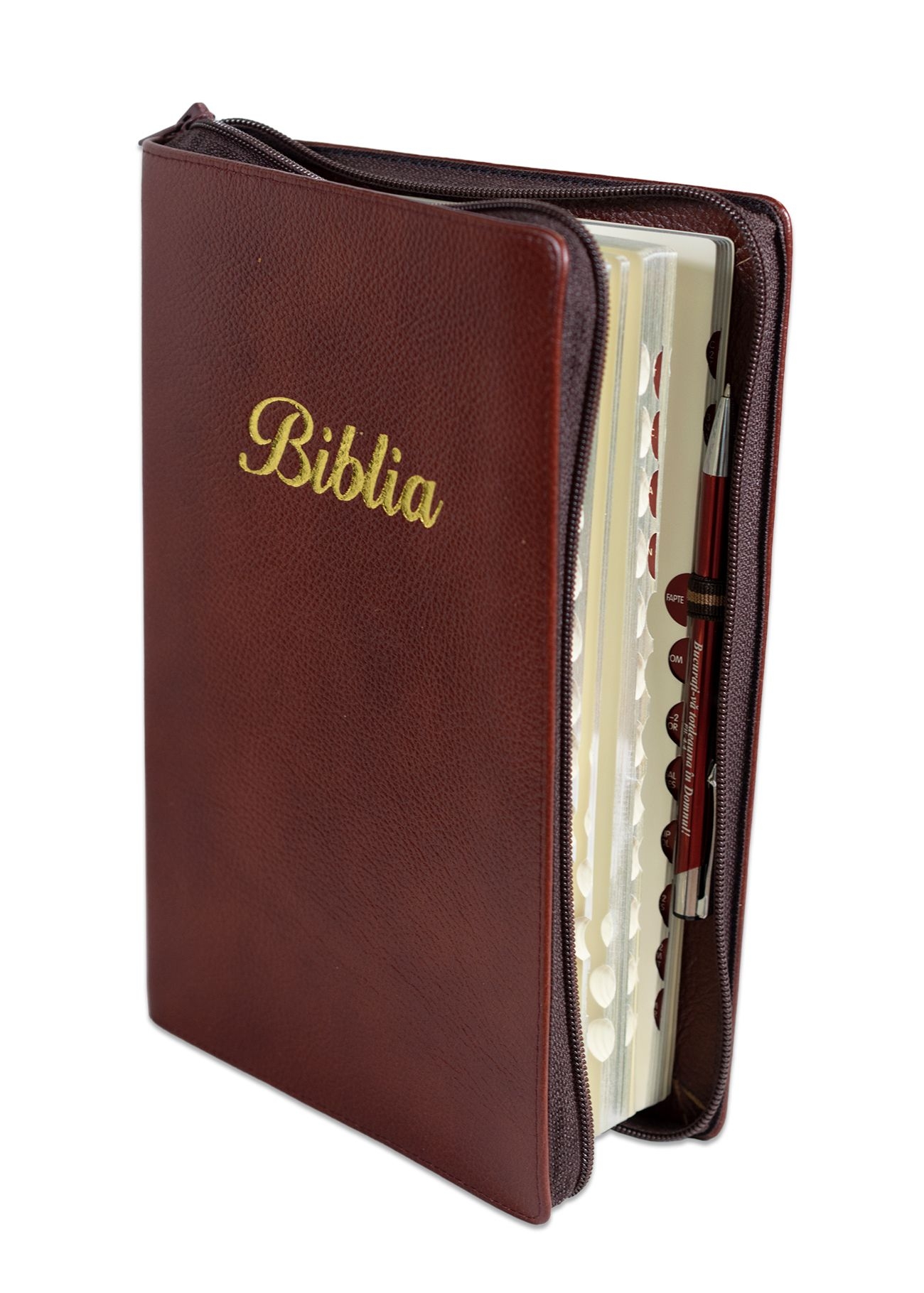 Biblie mare, piele, culoare visiniu, fermoar, index, margini argintii, cuv. Isus cu rosu + inel pentru pix [MAR 073 PFI]