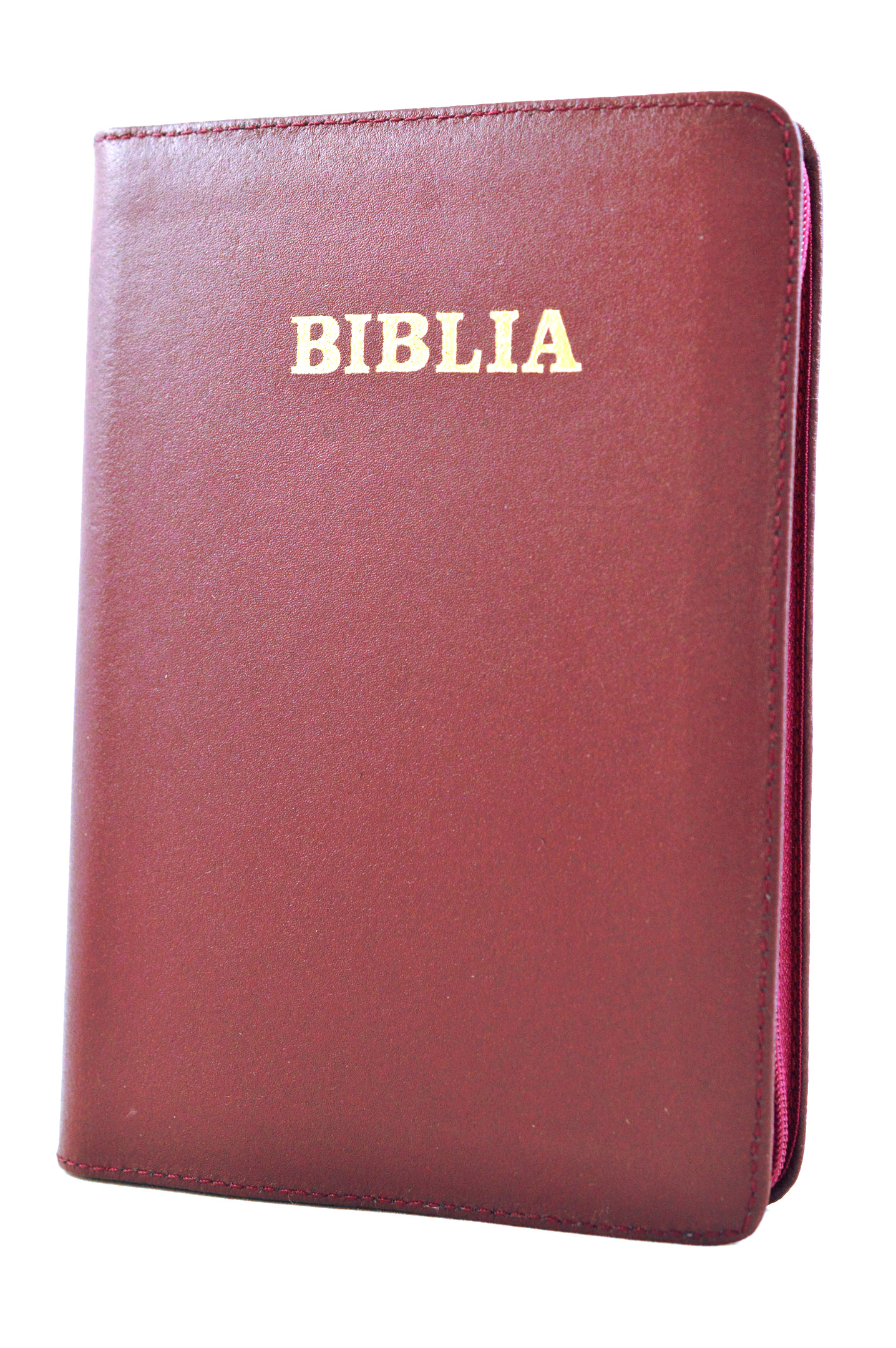 Biblia din piele, marime medie, visinie, fermoar, cuv. lui Isus cu rosu [053]
