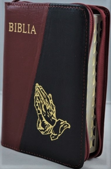 Biblie marime mica, piele,culoare visiniu inchis cu negru, index, fermoar, margini aurii, cuv. lui Isus in rosu,simbol maini in rugaciune [047 PFI]