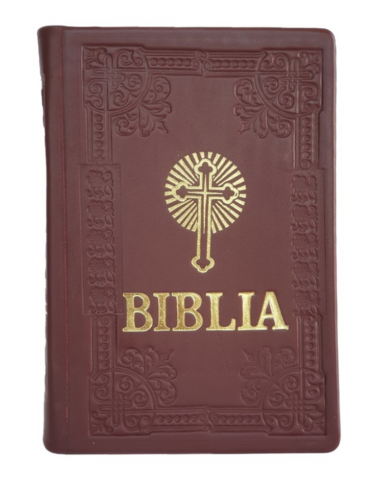 Biblia Ortodoxa, marime mica, hand made, imbracata in piele, margini aurii, culoare visiniu inchis, cu cruce (cu aprobarea Sf. Sinod) Biblia Ortodoxa, marime mica, hand made, imbracata in piele, margini aurii, culoare visiniu inchis, cu cruce (cu aprobarea Sf. Sinod)