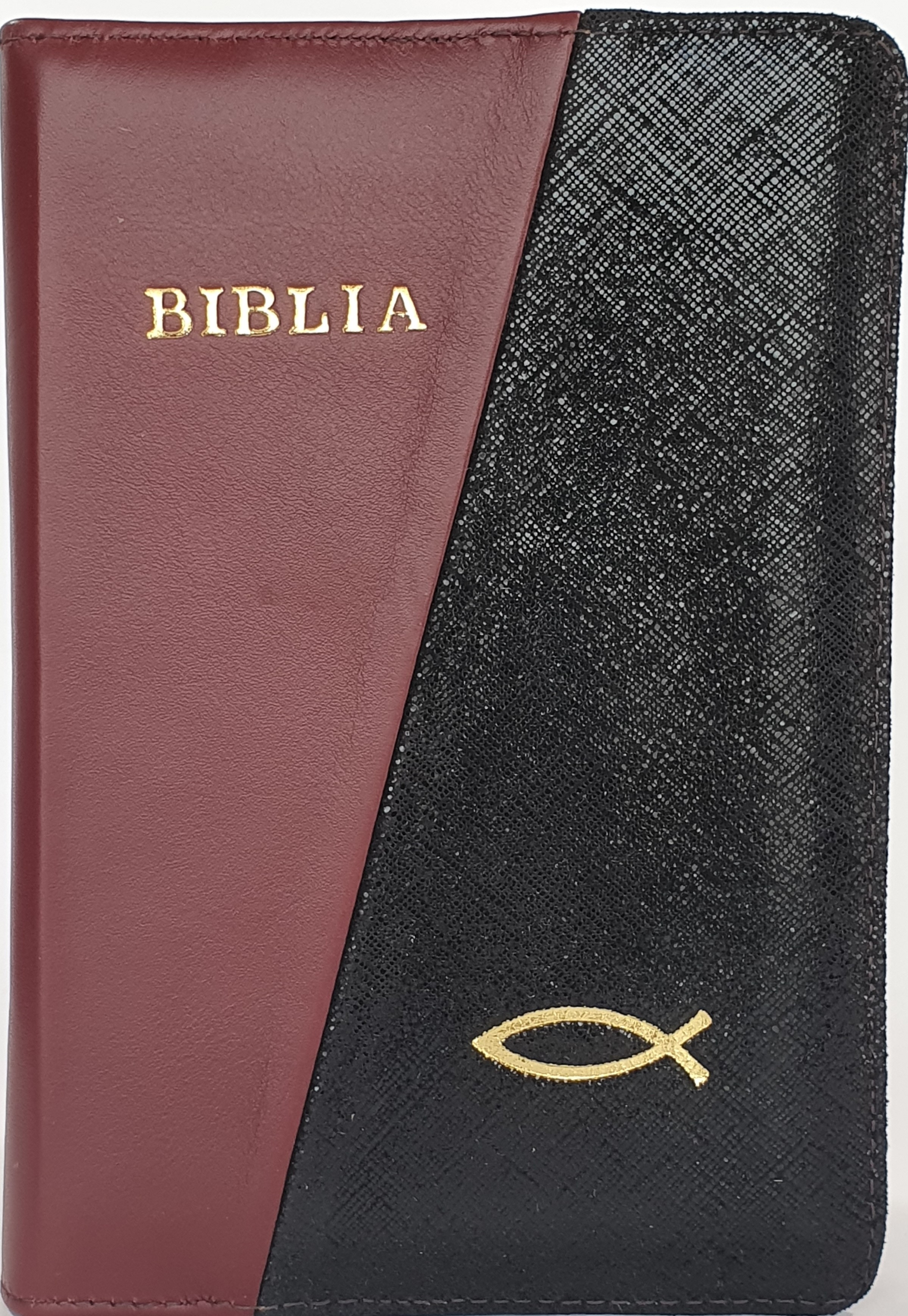 Biblia din piele, marime medie, culoare visiniu inchis cu negru sidefat, fermoar,margini albe,simbol peste, cuv. lui Isus cu rosu [053]