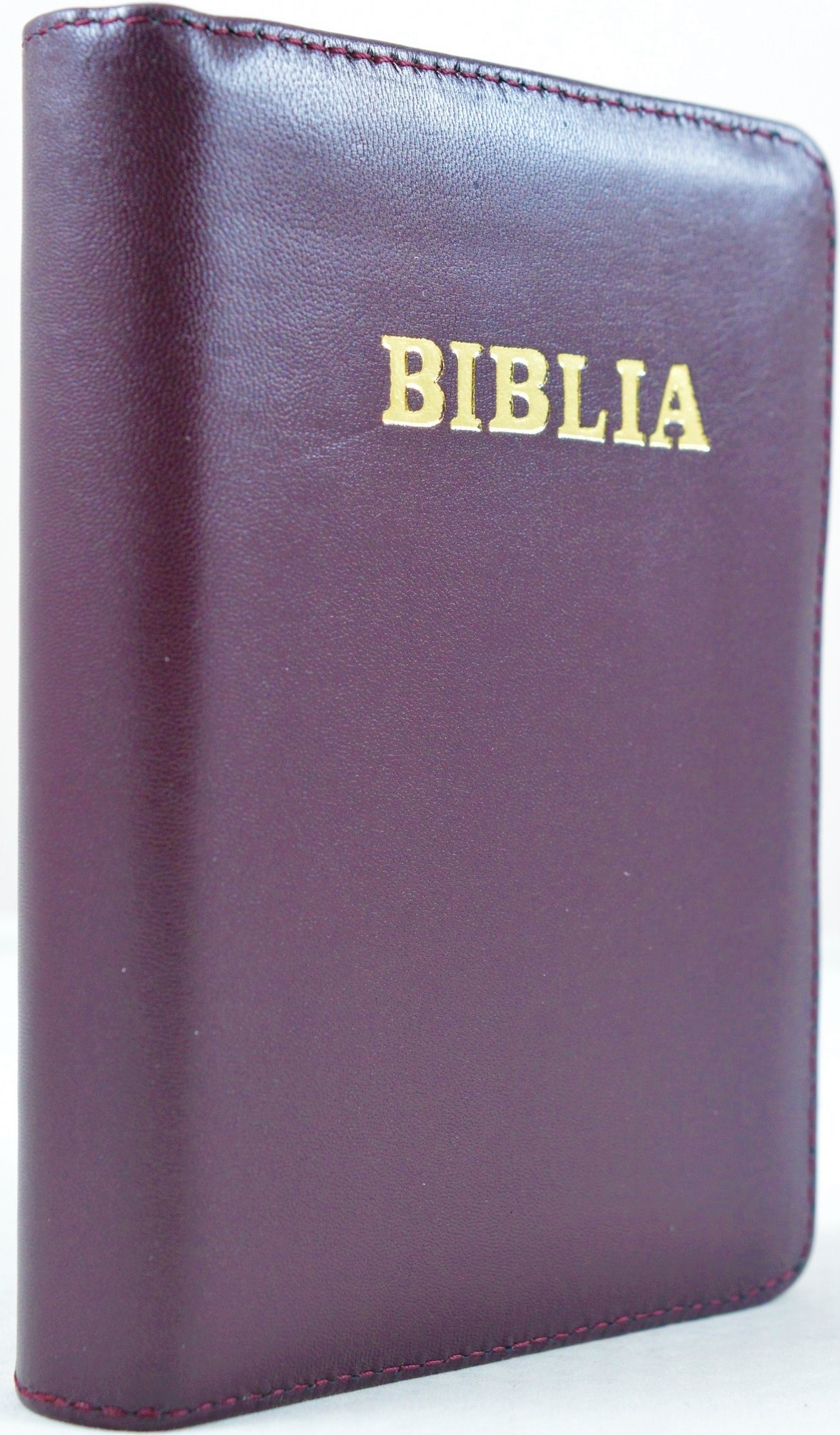 Biblie din piele, marime medie, culoare visiniu inchis, fermoar, margini albe,cuv. lui Isus cu rosu [053]