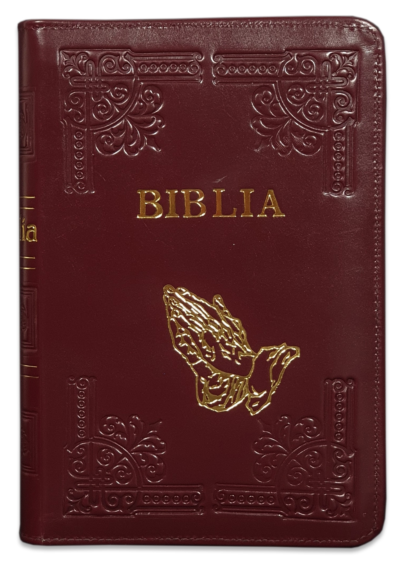 Biblia din piele, handmade, marime medie, culoare visiniu inchis, margini aurii cu index,fermoar, simbol maini in rugaciune, cuv. lui Isus cu rosu [057 HM]
