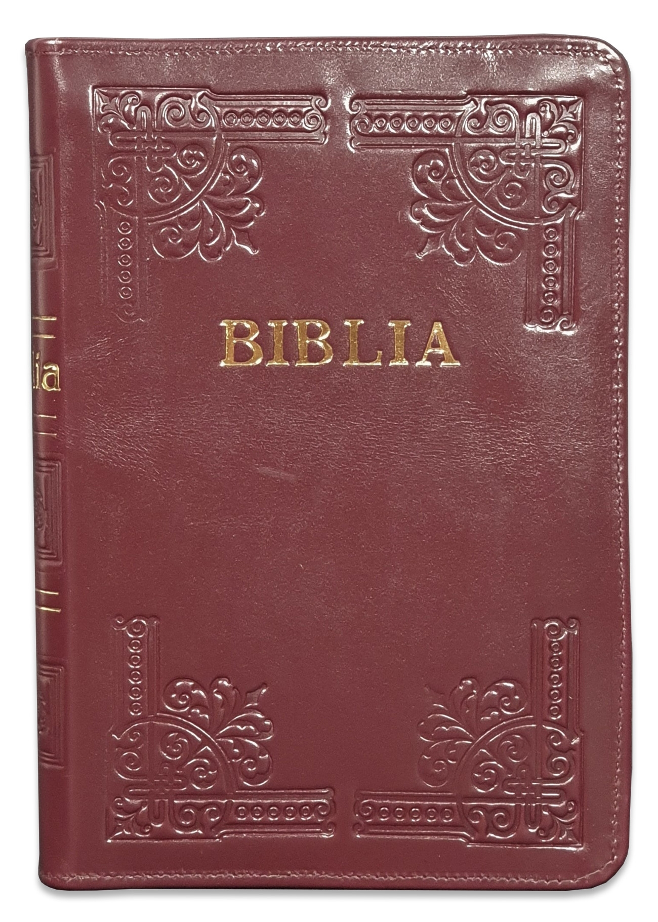 Biblia din piele, handmade, marime medie, culoare visiniu inchis, margini aurii cu index,fermoar, cuv. lui Isus cu rosu [057 HM]
