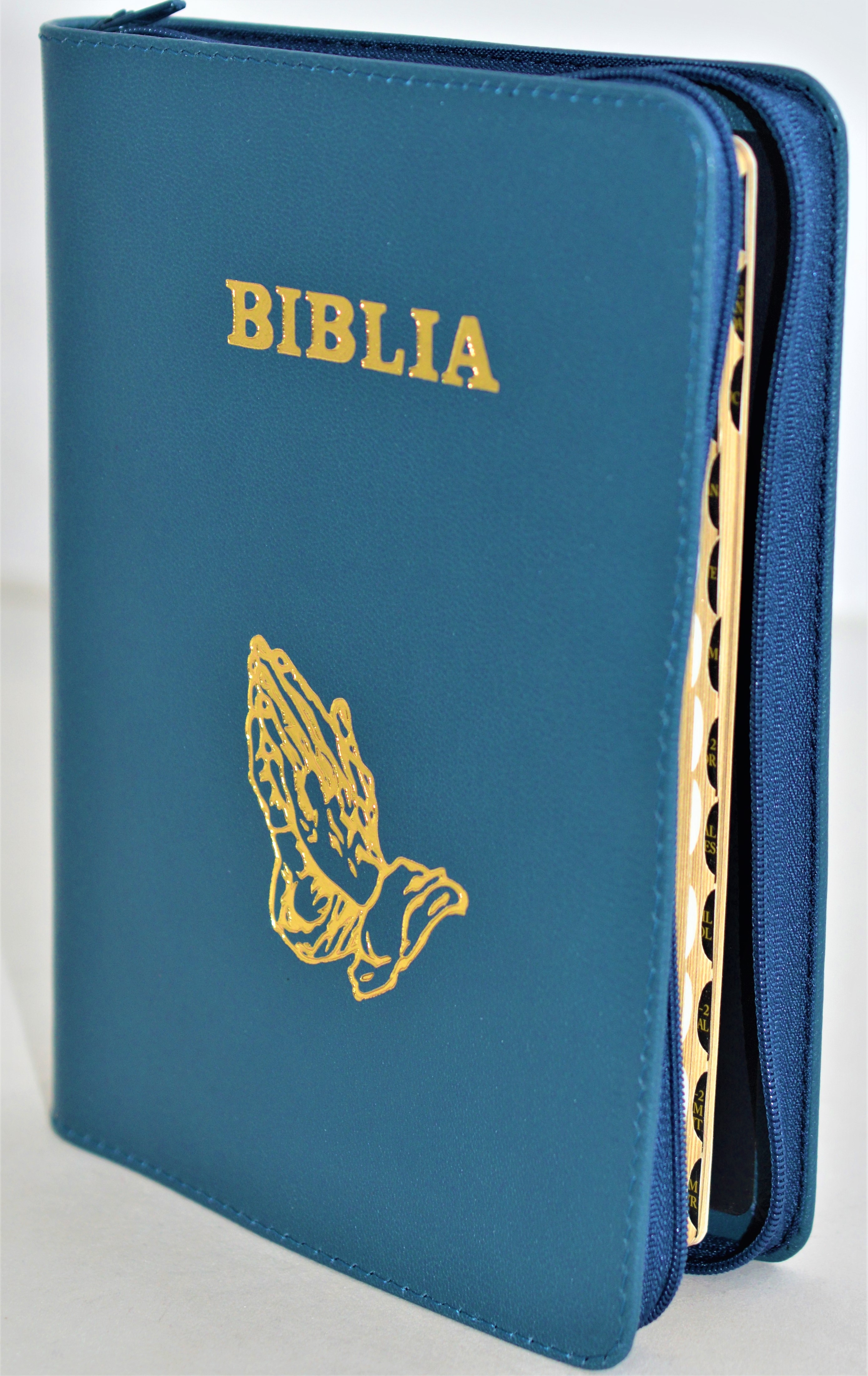 Biblie de lux, medie, din piele,albastru vernil, index, aurita, fermoar, simbolul maini in ruga[SI 057 PFI]