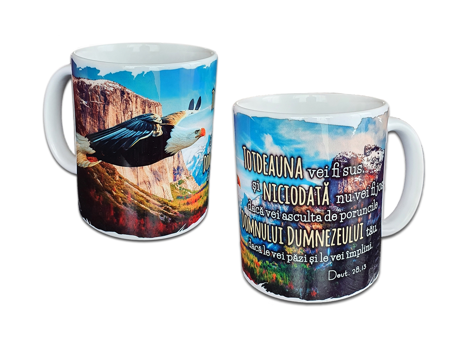 Cană cu mesaj creștin - Întotdeauna vei fi sus (Deut. 28,13)