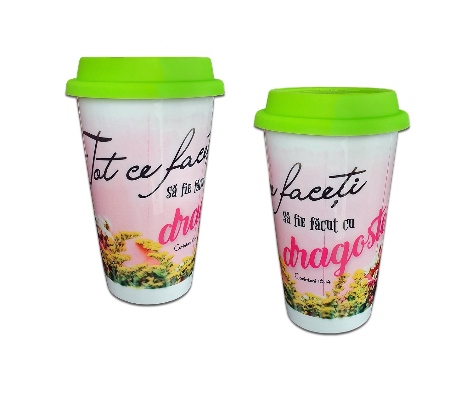 Cană cu capac de silicon verde/alb - Tot ce faceți (1 Corinteni 16:14)