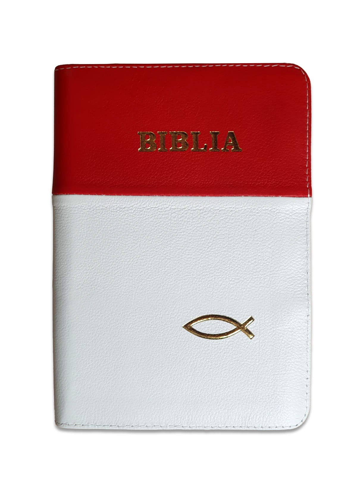 Biblia din piele, marime medie, culoare rosu cu alb, fermoar, margini aurii, simbol peste, cuv. lui Isus cu rosu [052]
