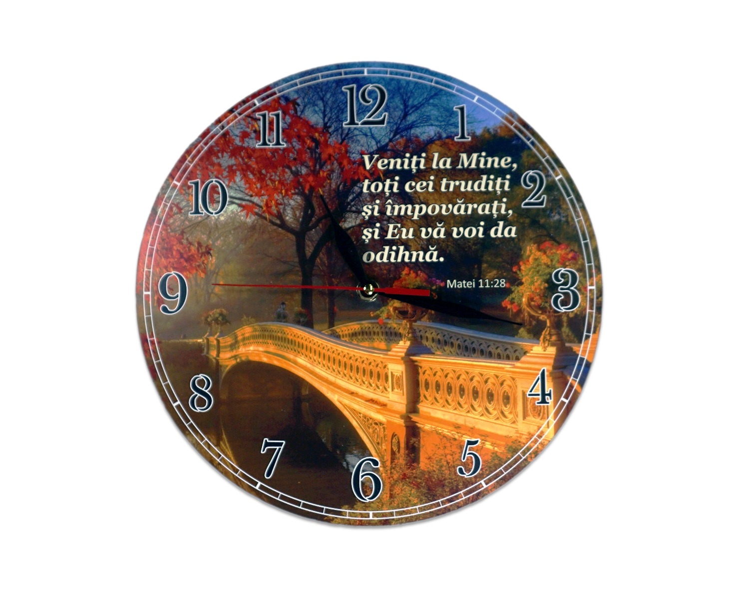 Ceas perete rotund cu mesaj creștin (30 cm) - Veniți la Mine toți cei trudiți Ceas perete rotund cu mesaj creștin (30 cm) - Veniți la Mine toți cei trudiți