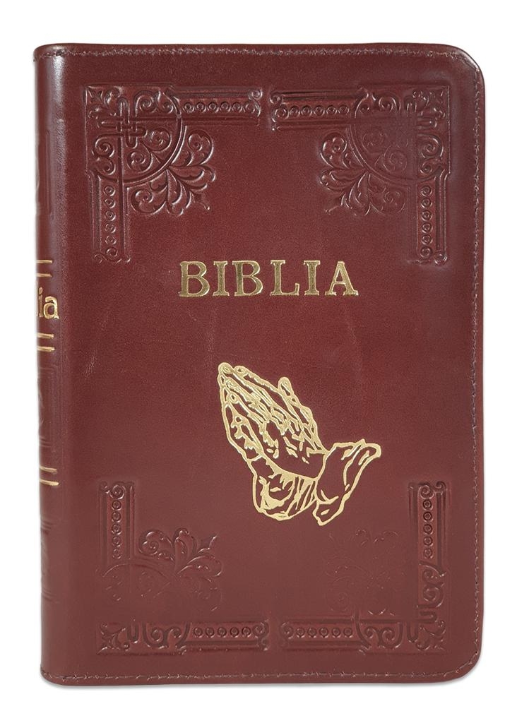 Biblia din piele, handmade, marime medie, culoare maro, margini aurii cu index,simbol maini in rugaciune,fermoar, cuv. lui Isus cu rosu [057 HM]
