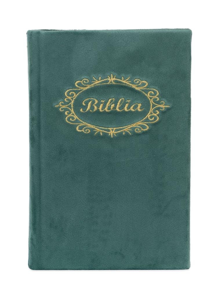 Biblia handmade, marime medie, coperta tare textila, culoare turcoaz, margini albe, cuv. lui Isus cu rosu [SB 053 HM]