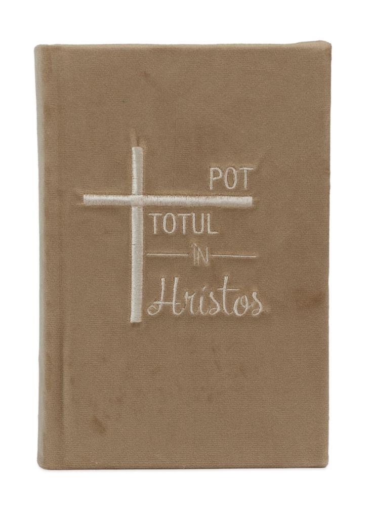 Biblia handmade, marime medie, coperta tare textila, Model 46, Pot totul in Hristos, margini albe, cuv. lui Isus cu rosu [SB 053 HM]