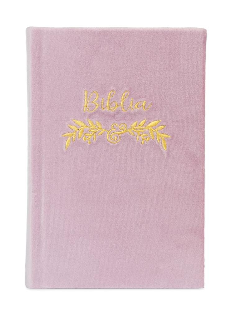 Biblia handmade, marime medie, coperta tare textila, culoare roz, margini albe, cuv. lui Isus cu rosu [SB 053 HM]