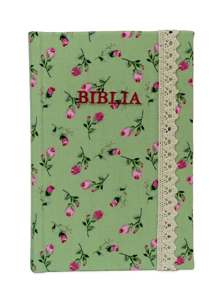 Biblia handmade, marime medie, coperta tare textila, Model 44, margini albe, cuv. lui Isus cu rosu [SB 053 HM]