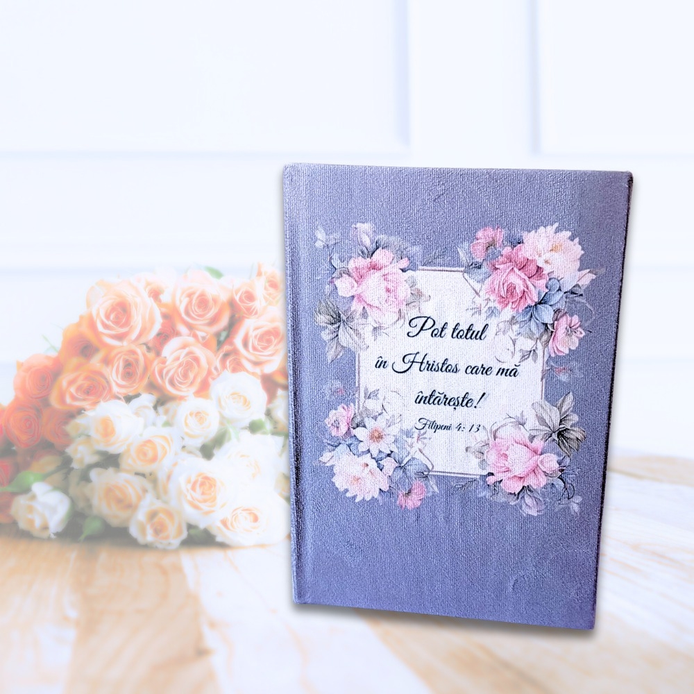 Jurnal cu mesaj creștin, copertă de catifea, margini argintii - Pot totul în Hristos