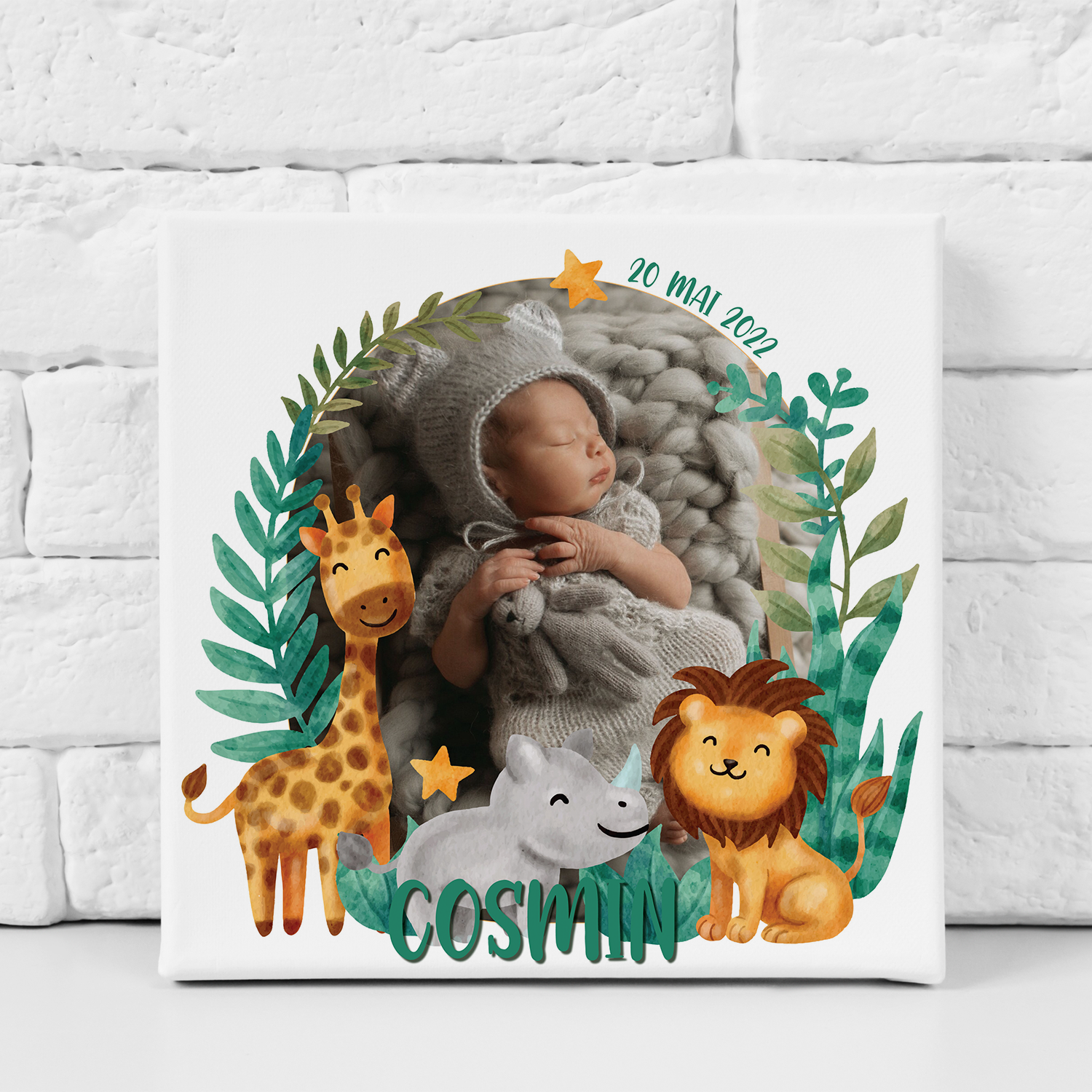 Tablou canvas personalizat cu poză, nume și dată – Nou născut (băiat)